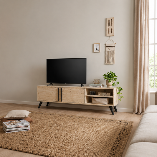 Tv Ünitesi 2 Kapaklı Raflı Dolaplı Tv Sehpası Traverten