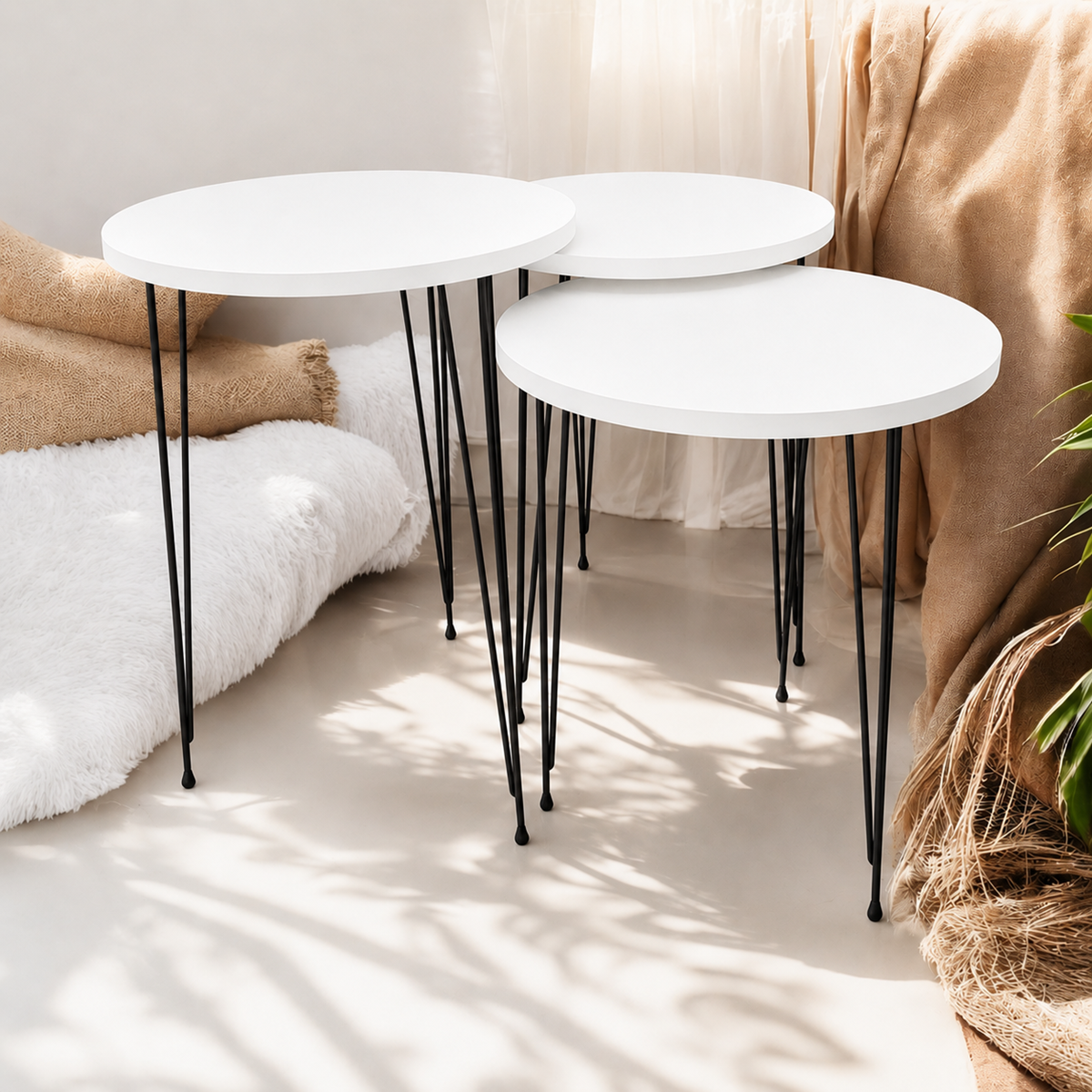 Zigon Sehpa 3'lü Yuvarlak Model Metal Tel Ayak ( Beyaz )