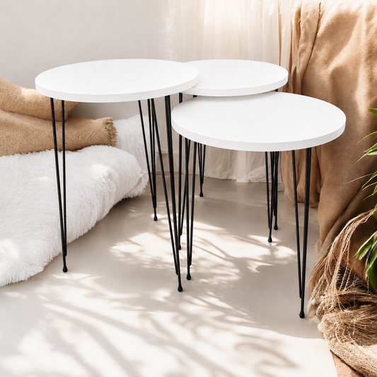 Zigon Sehpa 3'lü Yuvarlak Model Metal Tel Ayak ( Beyaz )
