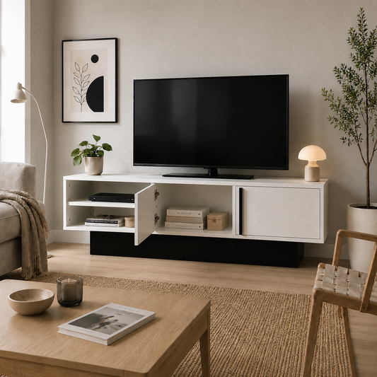 Dekoratif 2 Raflı 2 Kapaklı Tv Sehpası - Beyaz