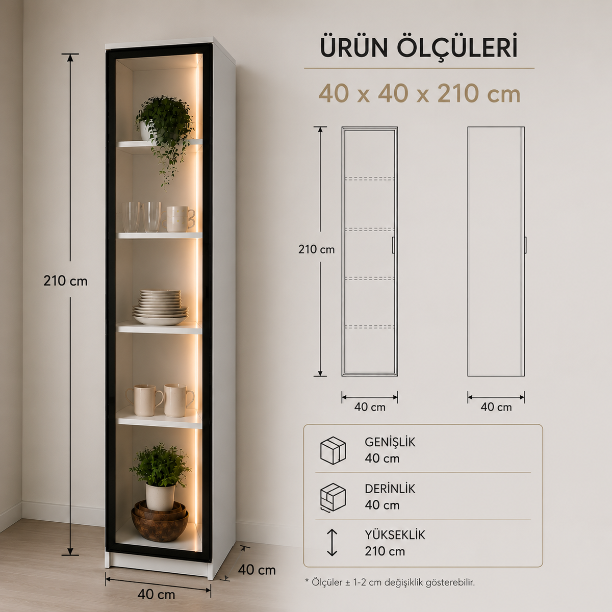 Cam Kapaklı Led Aydınlatmalı Vitrin 210x40