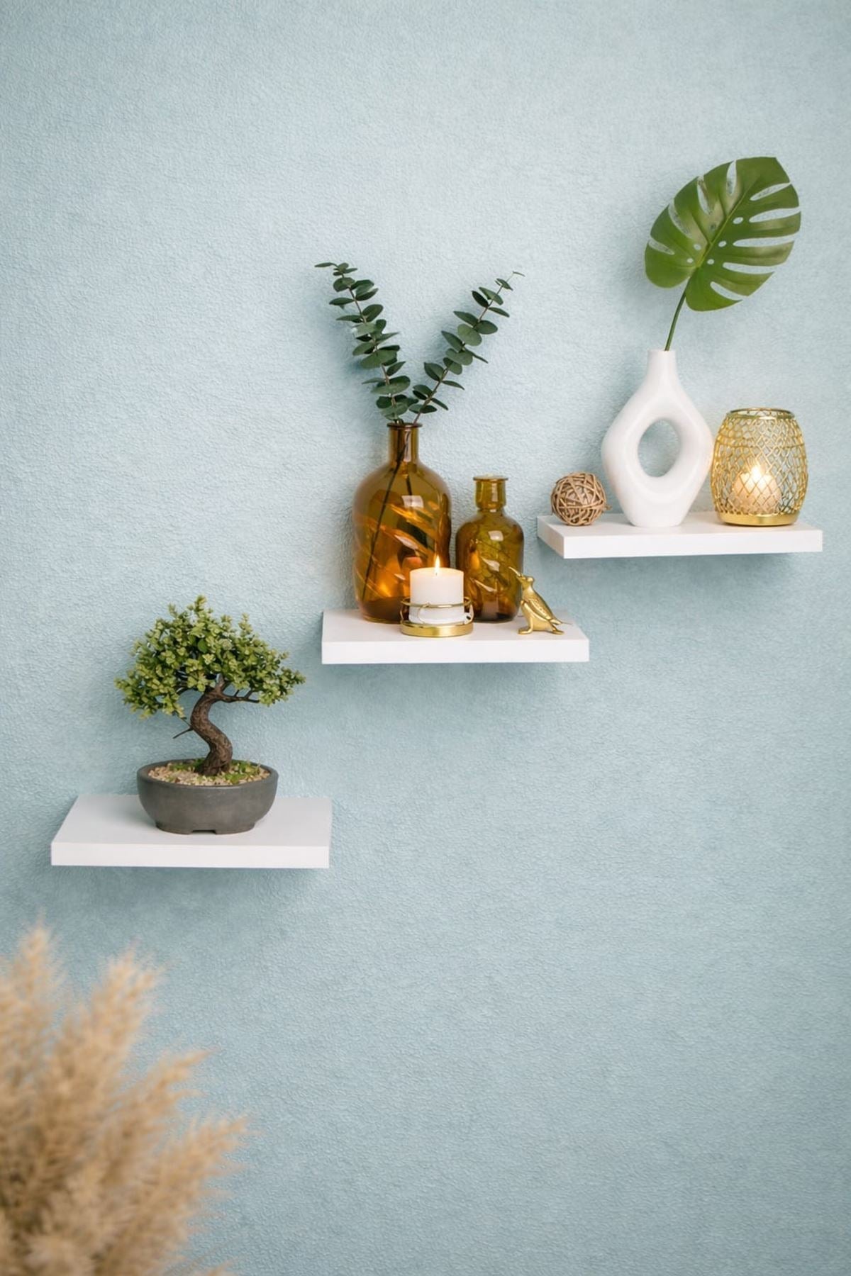 3'lü Uçan Duvar Rafı Set Gizli Raf- Beyaz 15 x 15