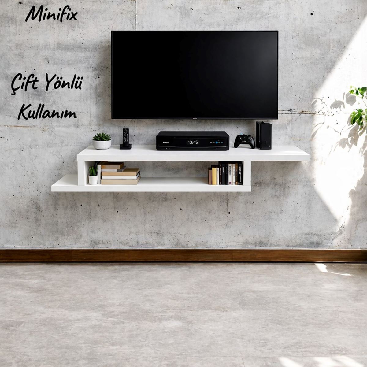 Dekoratif Raflı Duvar Tv Ünitesi Z Raf Beyaz