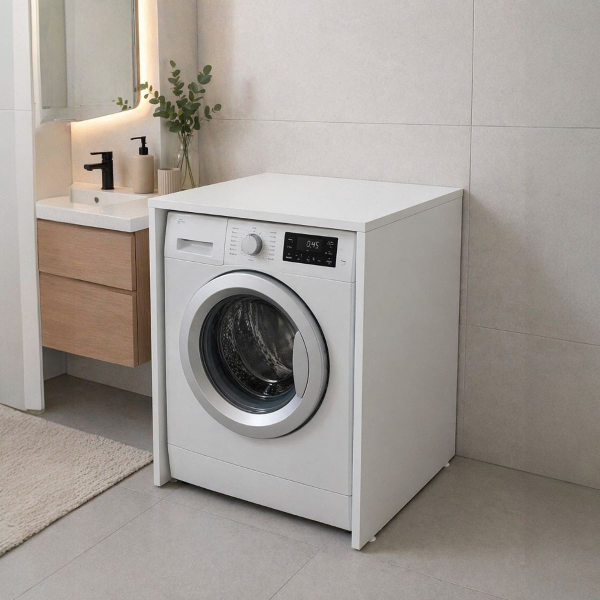 Çamaşır Makinesi Kapaksız Banyo Dolabı Mat Beyaz