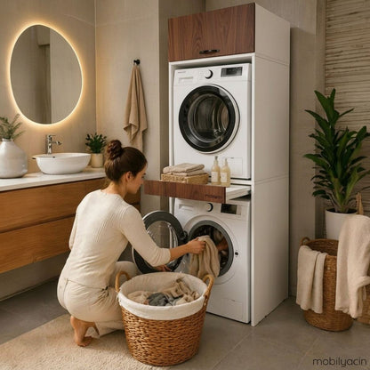 Çamaşır Ve Kurutma Makinesi Dolabı Çekmeceli Banyo Dolabı Ceviz