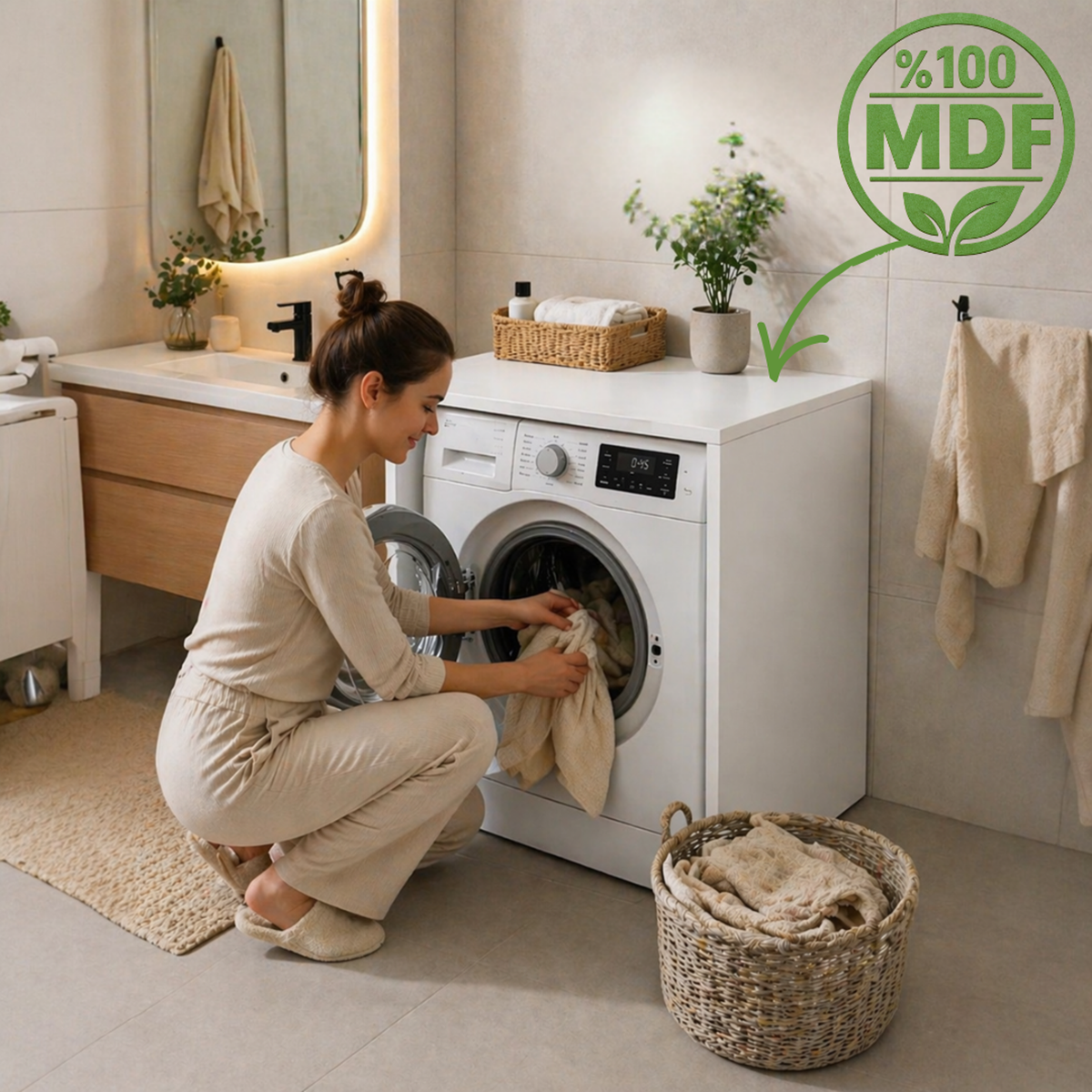 Çamaşır Makinesi Kapaksız Banyo Dolabı Mat Beyaz