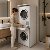 Meuble de salle de bain en MDF pour lave-linge et sèche-linge avec tiroir sans couvercle - Blanc