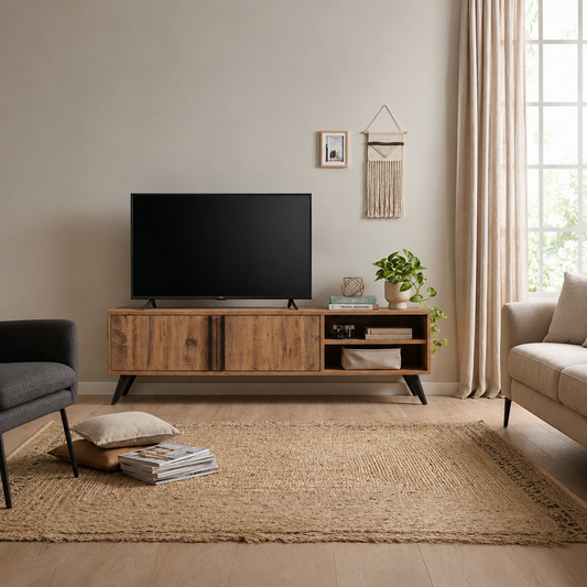Tv Ünitesi 2 Kapaklı Raflı Dolaplı Tv Sehpası Atlantik Çam