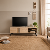 Meuble TV 2 portes avec étagères décoratives - Travertin
