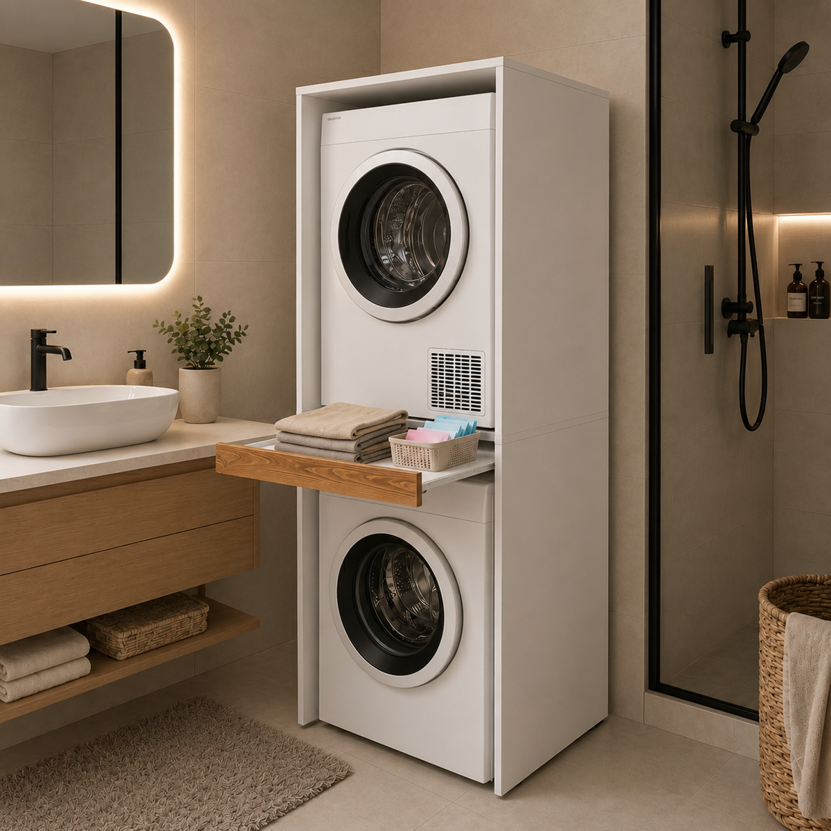 Çamaşır Ve Kurutma Makinesi Dolabı Kapaksız Çekmeceli Banyo Dolabı Atlantık Çam