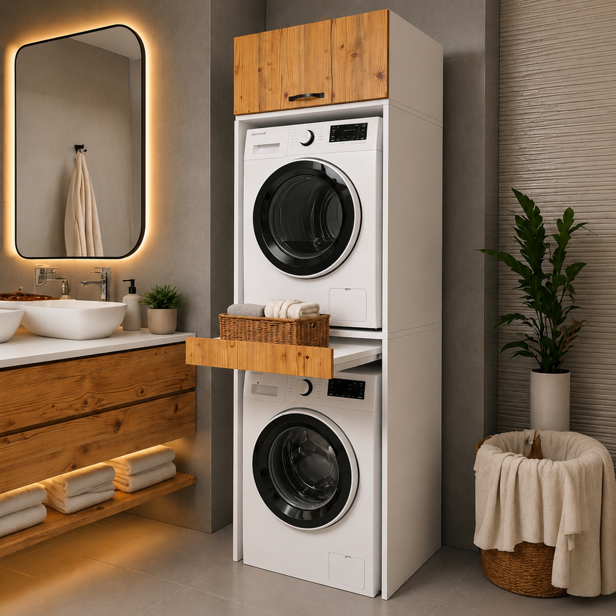 Çamaşır Ve Kurutma Makinesi Dolabı Çekmeceli Banyo Dolabı Atlantık Çam