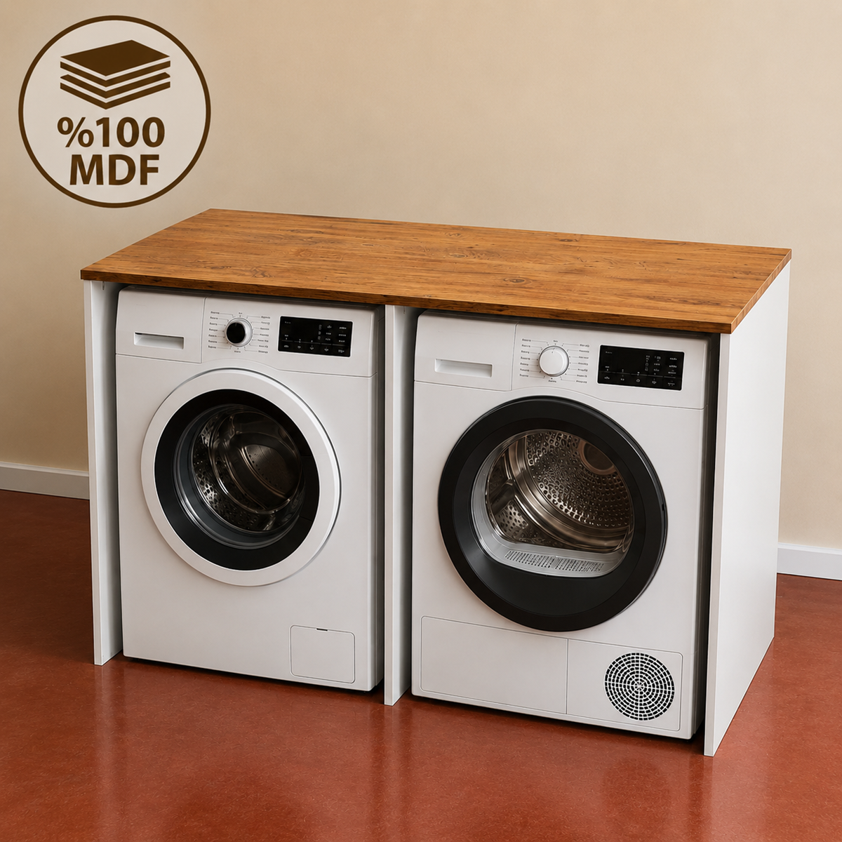 %100 MDF Çamaşır ve Kurutma Makinesi Dolabı – İkili Makine Ünitesi Atlantik Çam