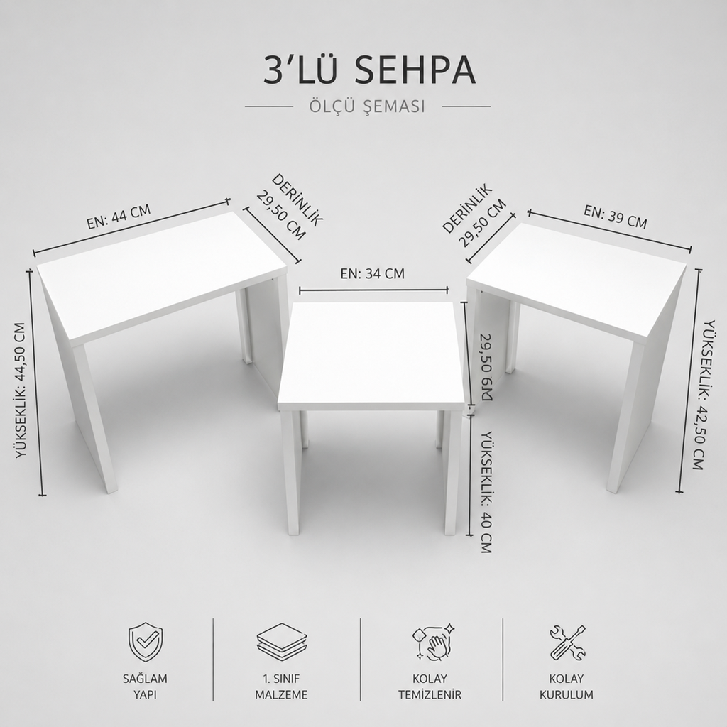 3'lü Zigon Sehpa Beyaz | İç İçe Geçen Modern Zigon Sehpa