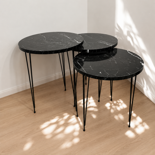 Zigon Sehpa 3'lü Yuvarlak Model Metal Tel Ayak ( Siyah Mermer )