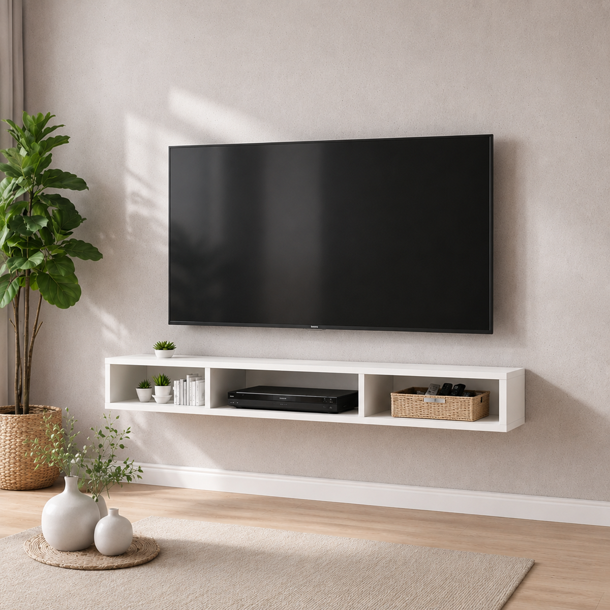 Dekoratif Raflı Duvar Tv Ünitesi Üç Bölmeli Beyaz