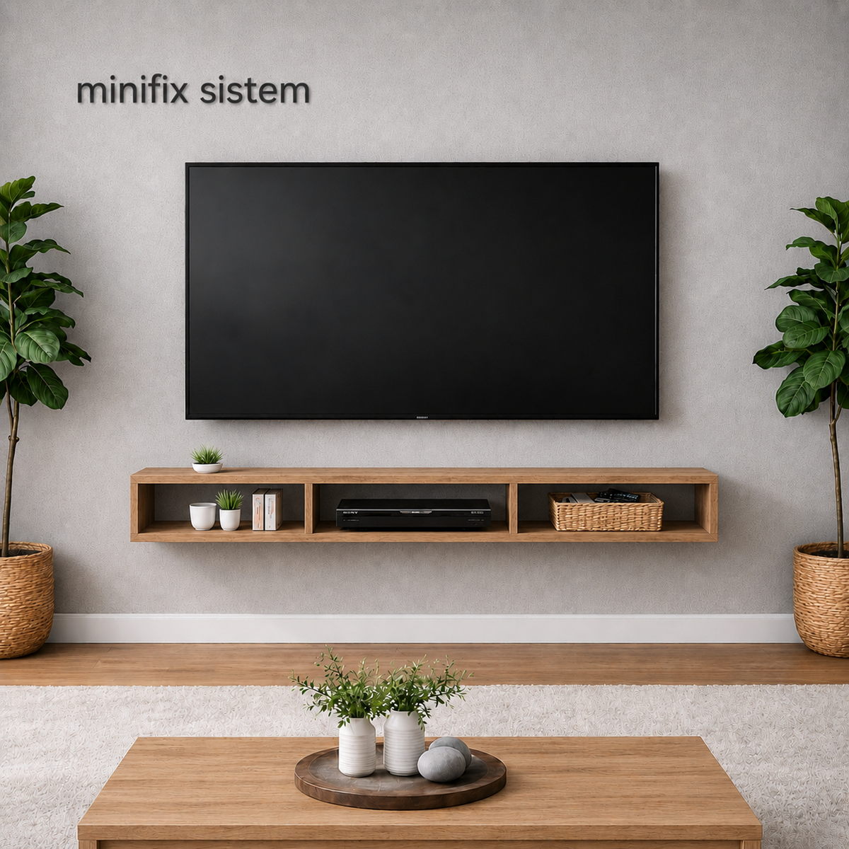 Dekoratif Raflı Duvar Tv Ünitesi Üç Bölmeli Atlantik Çam