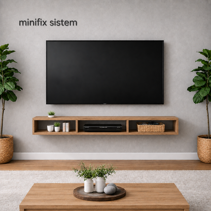 Dekoratif Raflı Duvar Tv Ünitesi Üç Bölmeli Atlantik Çam