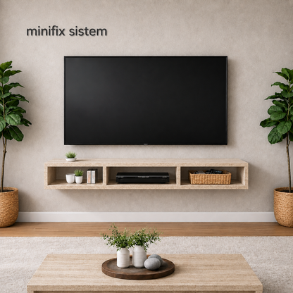 Dekoratif Raflı Duvar Tv Ünitesi Üç Bölmeli Traverten