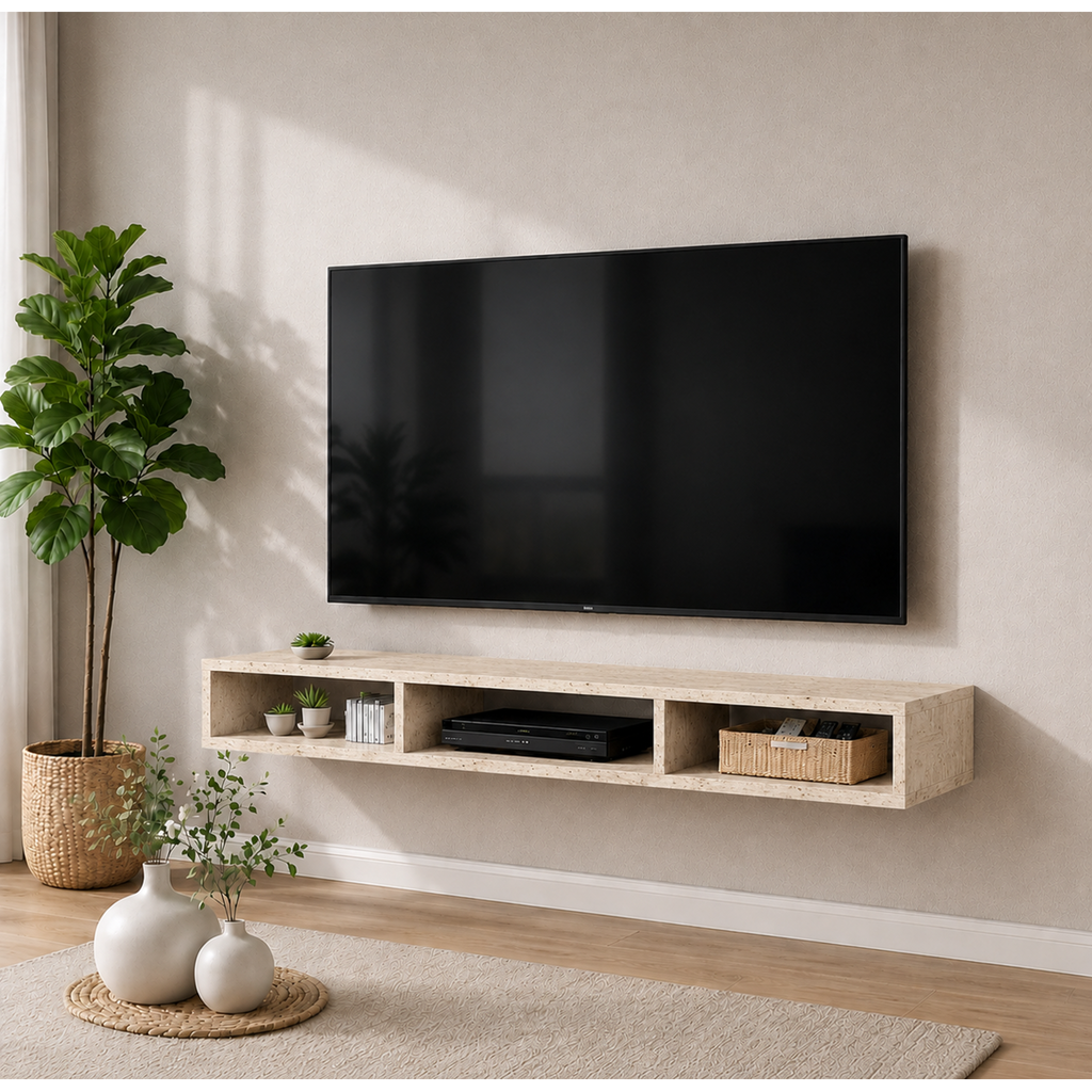 Dekoratif Raflı Duvar Tv Ünitesi Üç Bölmeli Traverten