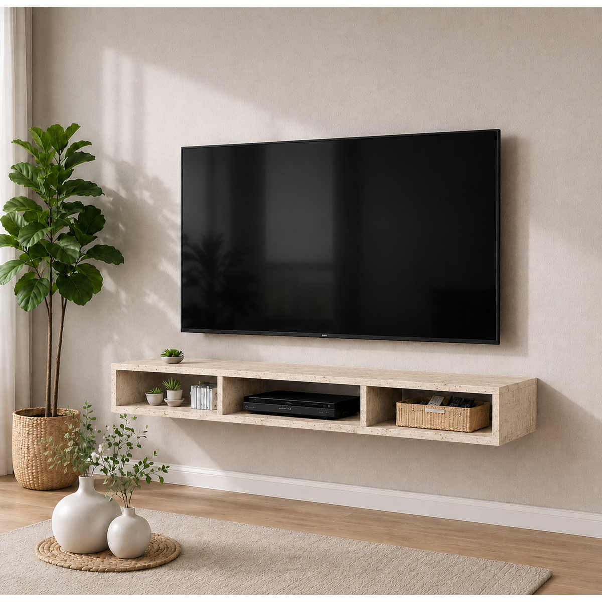 Dekoratif Raflı Duvar Tv Ünitesi Üç Bölmeli Traverten