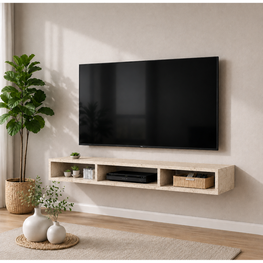 Dekoratif Raflı Duvar Tv Ünitesi Üç Bölmeli Traverten