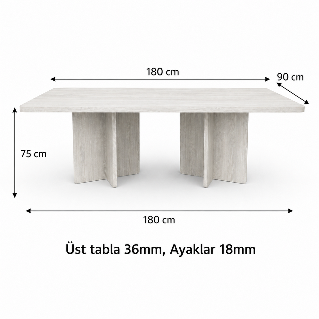 Dikdörtgen Salon Yemek Masası Kemer Ayak - 36mm Kalın Kenarlı -Beyaz