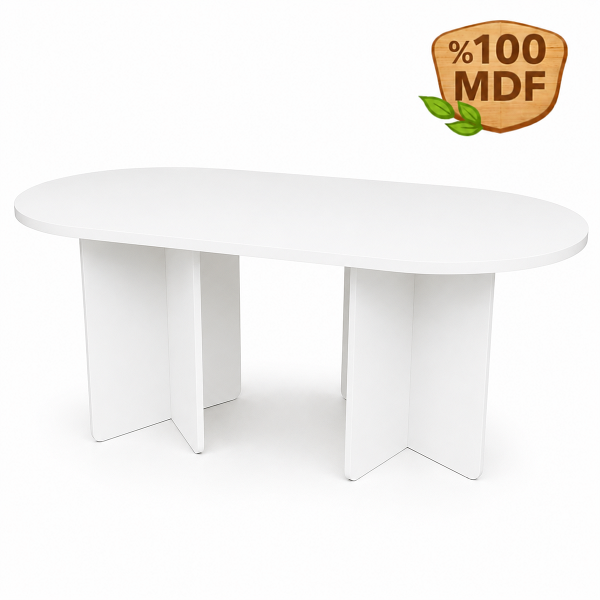 Oval Salon Yemek Masası Kare Ayak 36mm Kalın Kenarlı -Beyaz