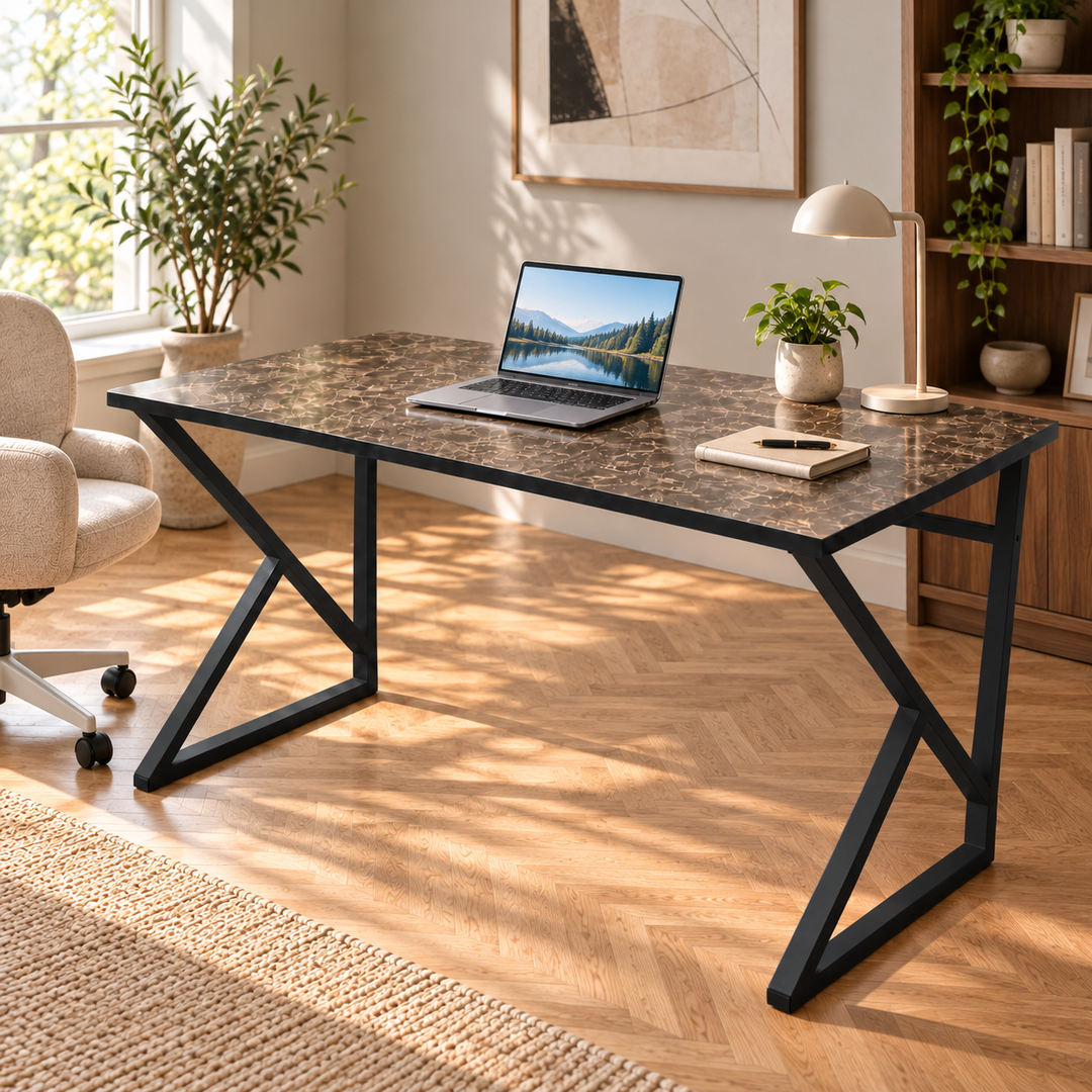 Z-Leg Metal Desk Computer Desk - Black Marble - Black Leg 120 cm
