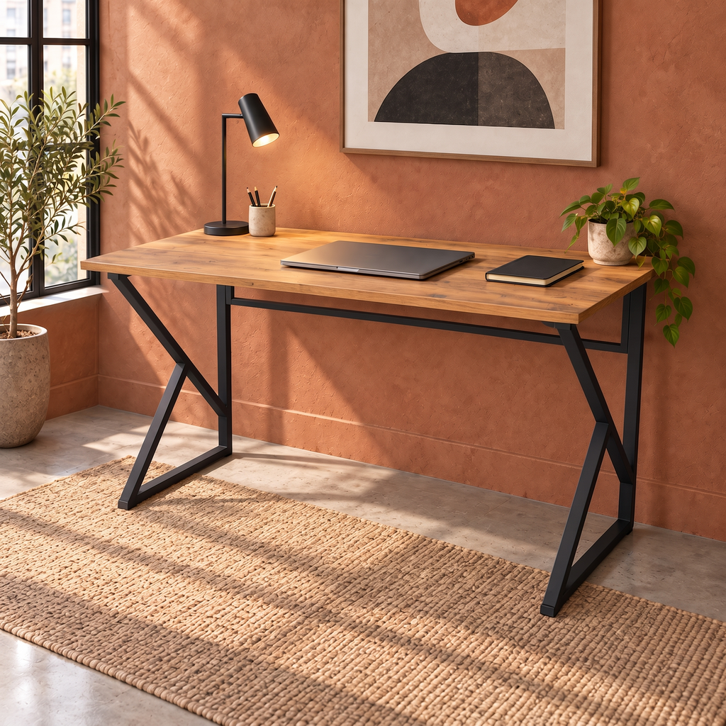 Z-Leg Metal Desk Computer Desk - Atlantic Pine - Black Leg 120 cm