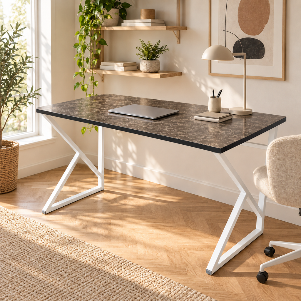 Z-Leg Metal Desk Computer Desk - Black Marble - White Leg 120 cm