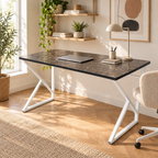 Z-Leg Metal Desk Computer Desk - Black Marble - White Leg 120 cm
