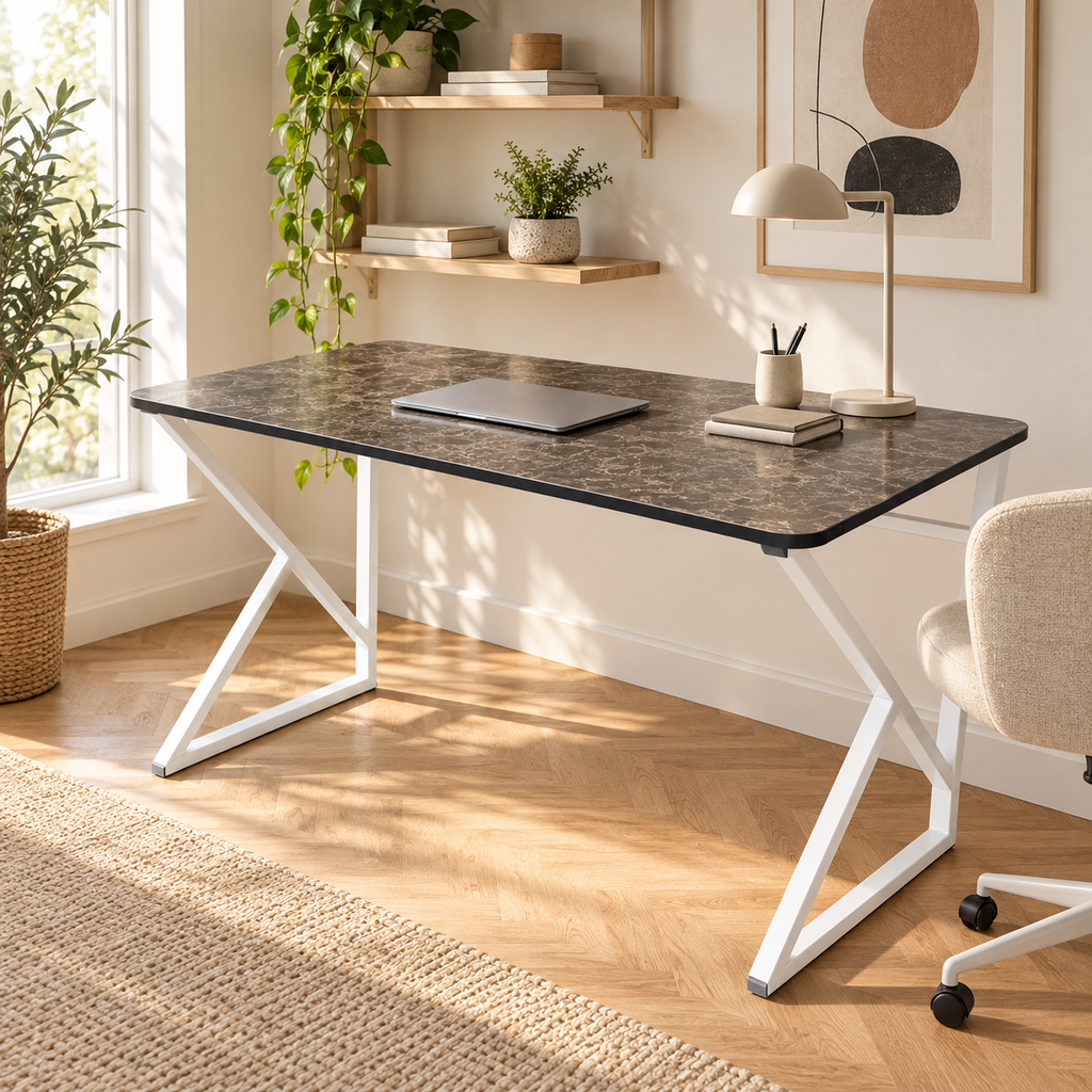 Bureau d'ordinateur en métal avec pieds en Z, ovale - Marbre noir - Pieds blancs 120 cm