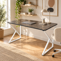 Bureau d'ordinateur en métal avec pieds en Z, ovale - Marbre noir - Pieds blancs 120 cm