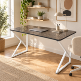 Bureau d'ordinateur en métal avec pieds en Z, ovale - Marbre noir - Pieds blancs 120 cm