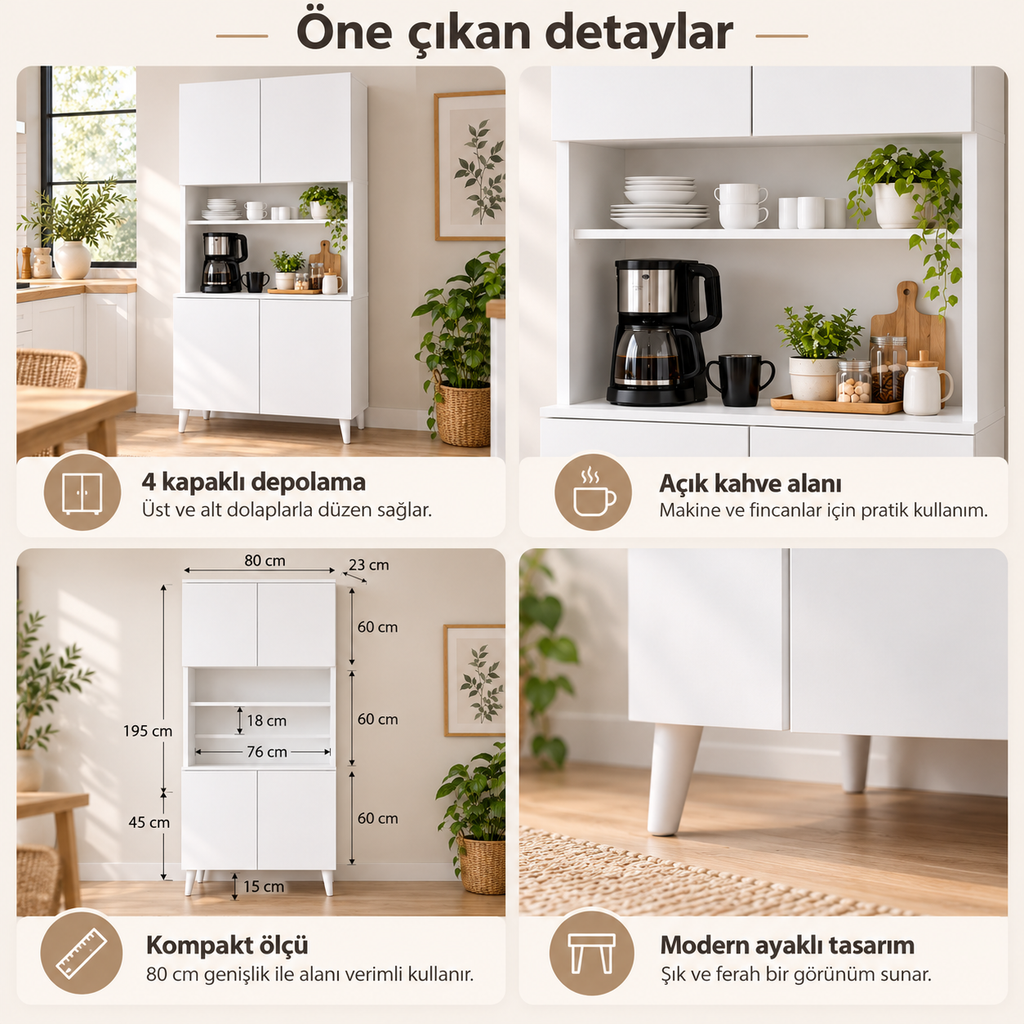 Yeni Nesil Çok Amaçlı Mutfak Dolabı Kahve Köşesi 4 Kapaklı - Beyaz