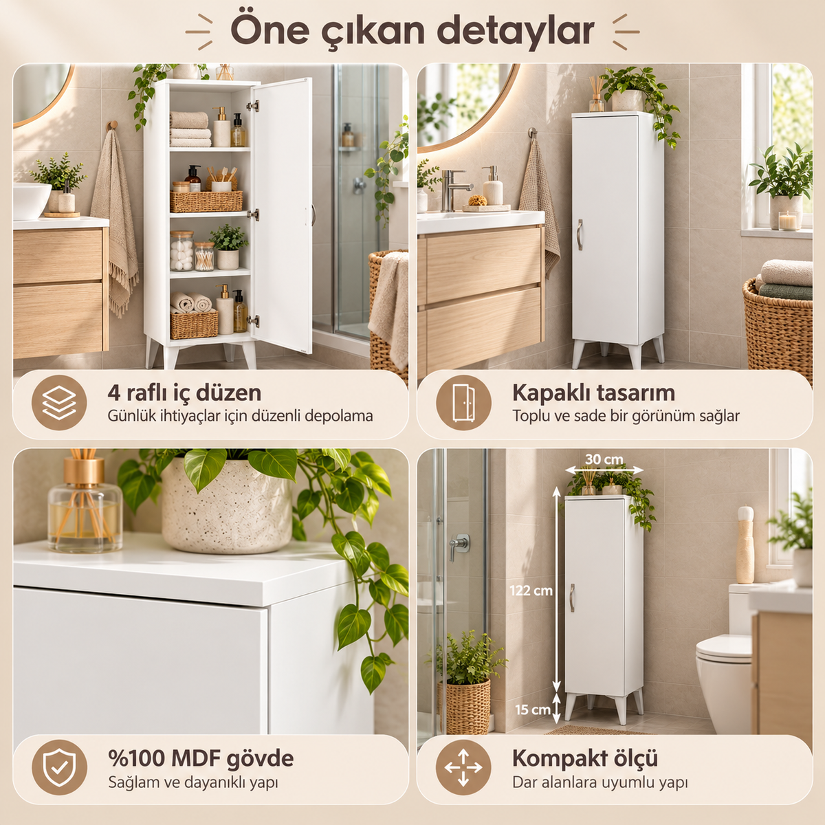 Çok Amaçlı 4 Raflı Banyo Mutfak Dolabı 122 cm - Beyaz