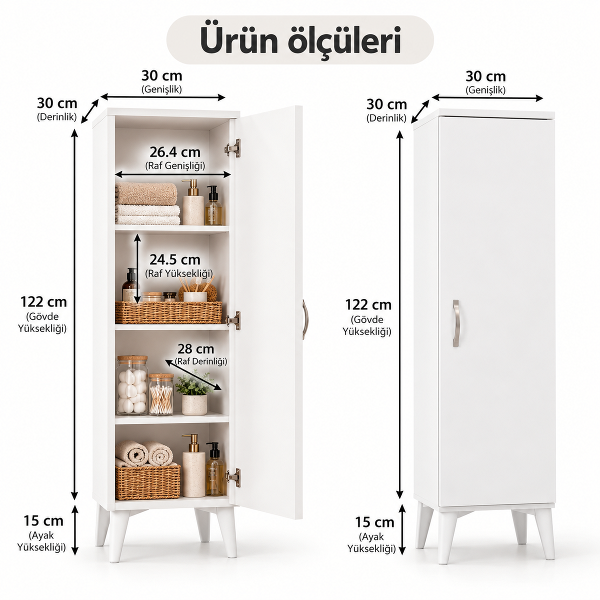 Çok Amaçlı 4 Raflı Banyo Mutfak Dolabı 122 cm - Beyaz