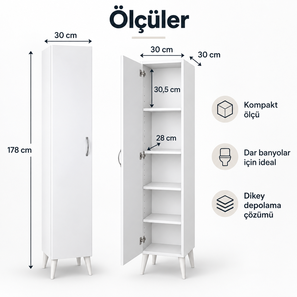 Çok Amaçlı 5 Raflı Banyo Mutfak Dolabı 180 cm - Beyaz