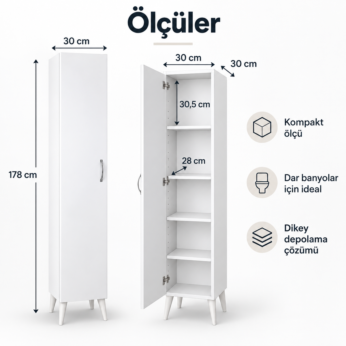 Çok Amaçlı 5 Raflı Banyo Mutfak Dolabı 180 cm - Beyaz