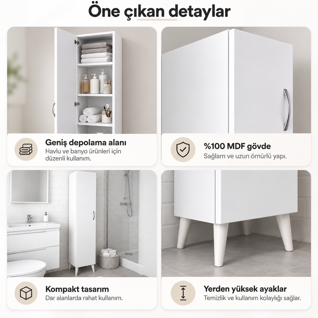 Çok Amaçlı 5 Raflı Banyo Mutfak Dolabı 180 cm - Beyaz