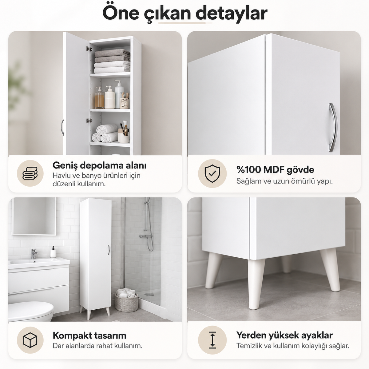 Çok Amaçlı 5 Raflı Banyo Mutfak Dolabı 180 cm - Beyaz