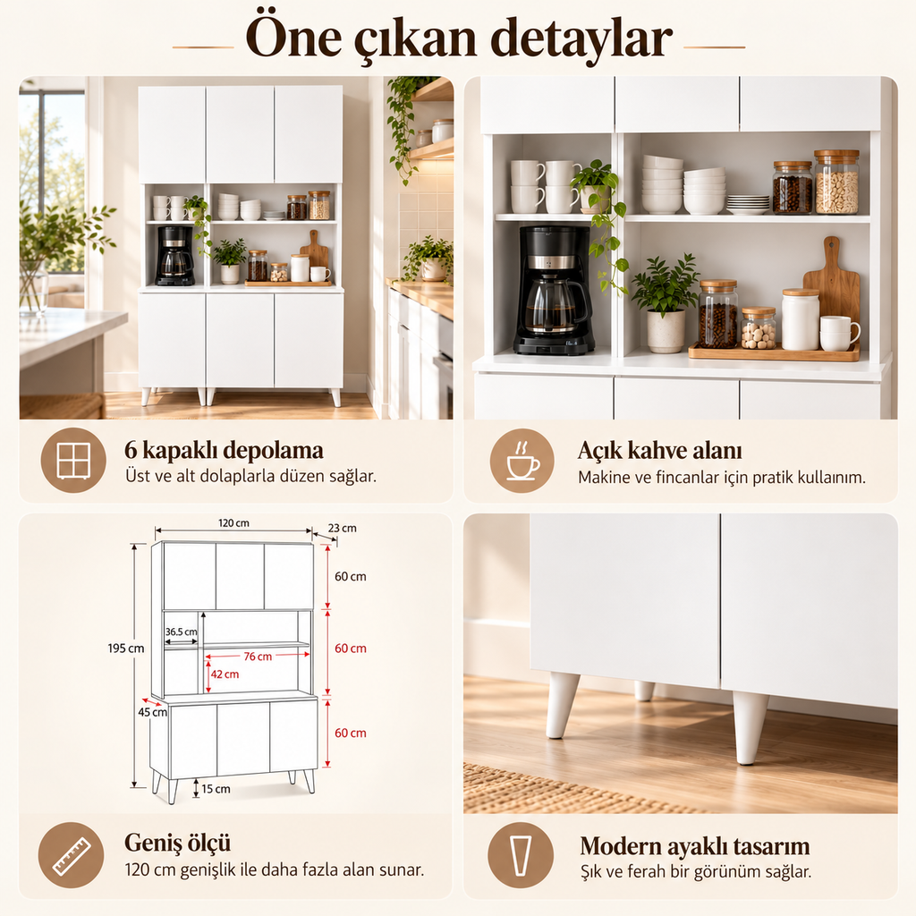 Yeni Nesil Çok Amaçlı Mutfak Dolabı Kahve Köşesi 6 Kapaklı - Beyaz
