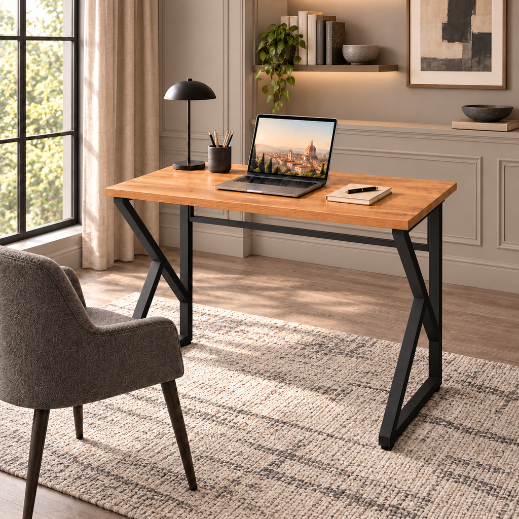 Z-Leg Metal Desk Computer Desk 90 cm - Atlantic Pine - Black Leg