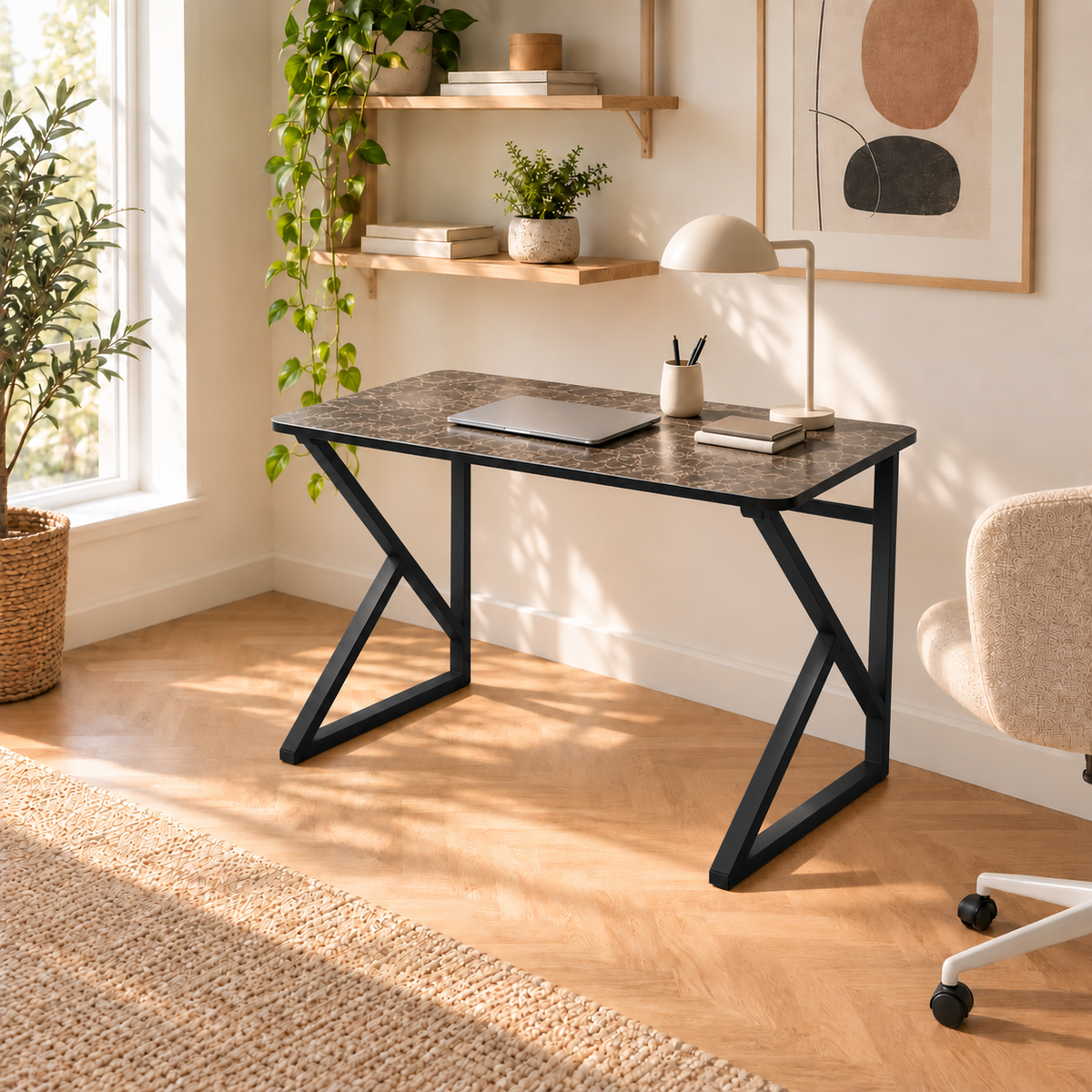 Z-Leg Metal Desk Computer Desk 90 cm Oval - Black Marble-Black
