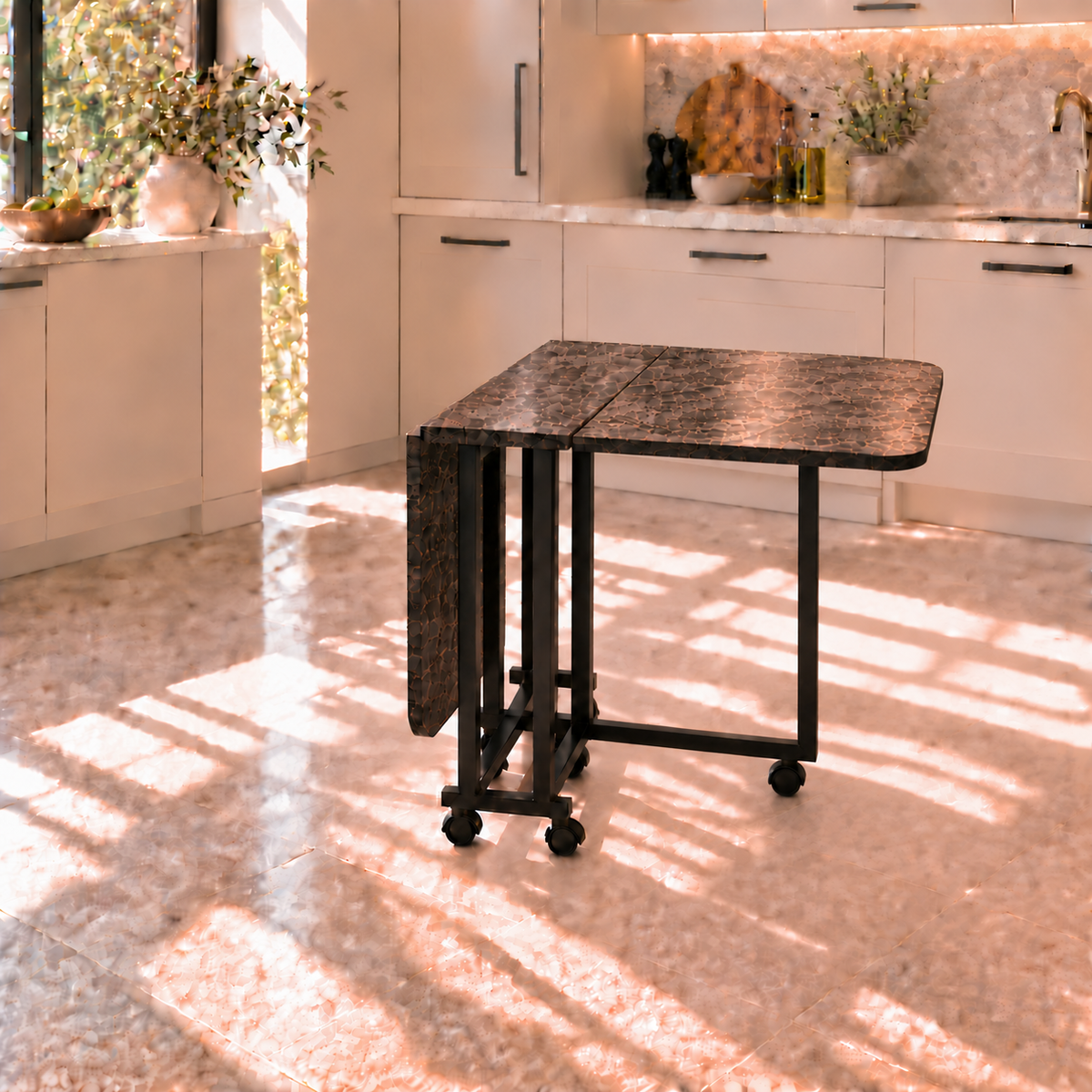 Table à manger polyvalente à ailes pliantes, pieds en métal - Marbre noir