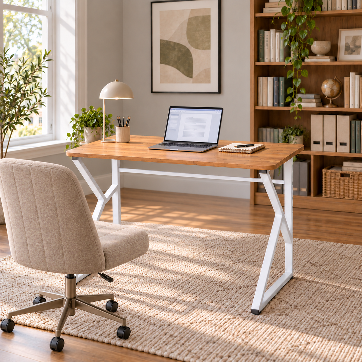 Z-Leg Metal Desk Computer Desk 90 cm Oval - Atlantic Pine - White Leg