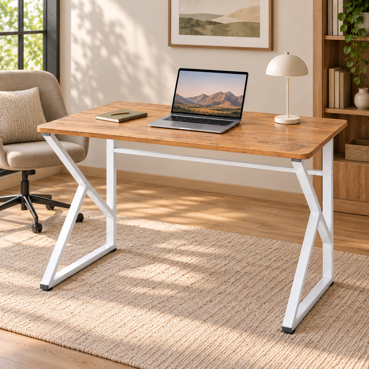 Z-Leg Metal Desk Computer Desk 90 cm Oval - Atlantic Pine - White Leg