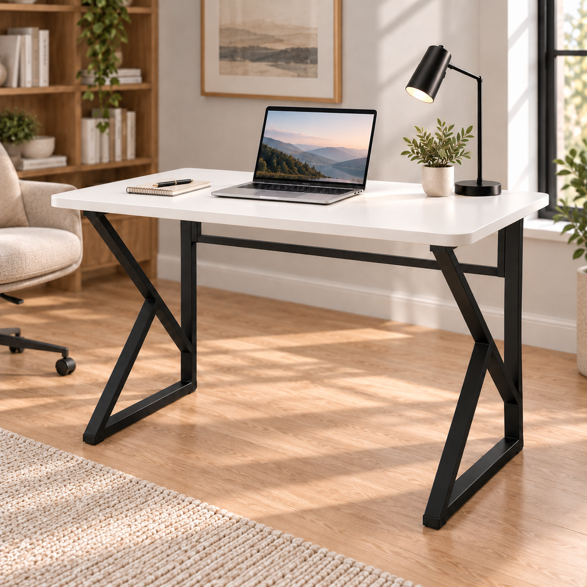 Z-Leg Metal Desk Computer Desk 90 cm Oval - White - Black Legs