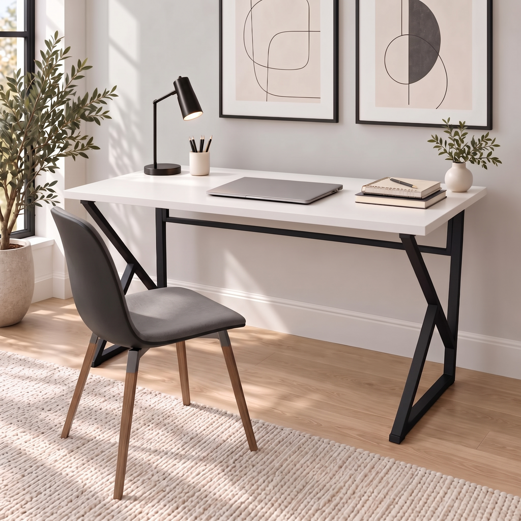 Bureau d'ordinateur de travail en métal avec pieds en Z - Blanc 120 cm