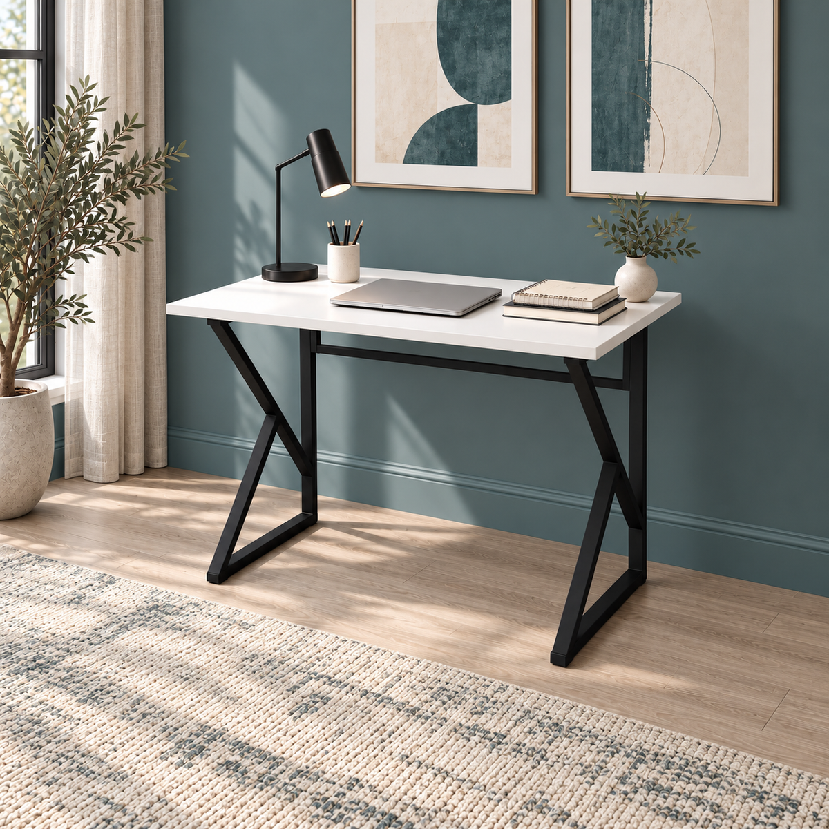Z-Leg Metal Desk Computer Desk 90 cm - White - Black Legs